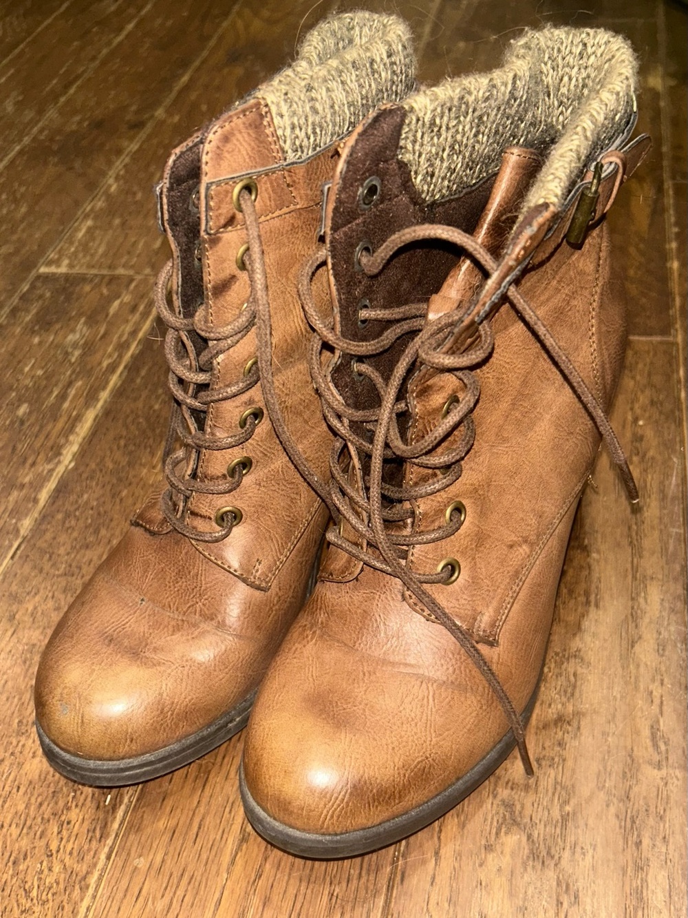 Women's Brown Lace-Up Ankle Boots with Knit Cuff